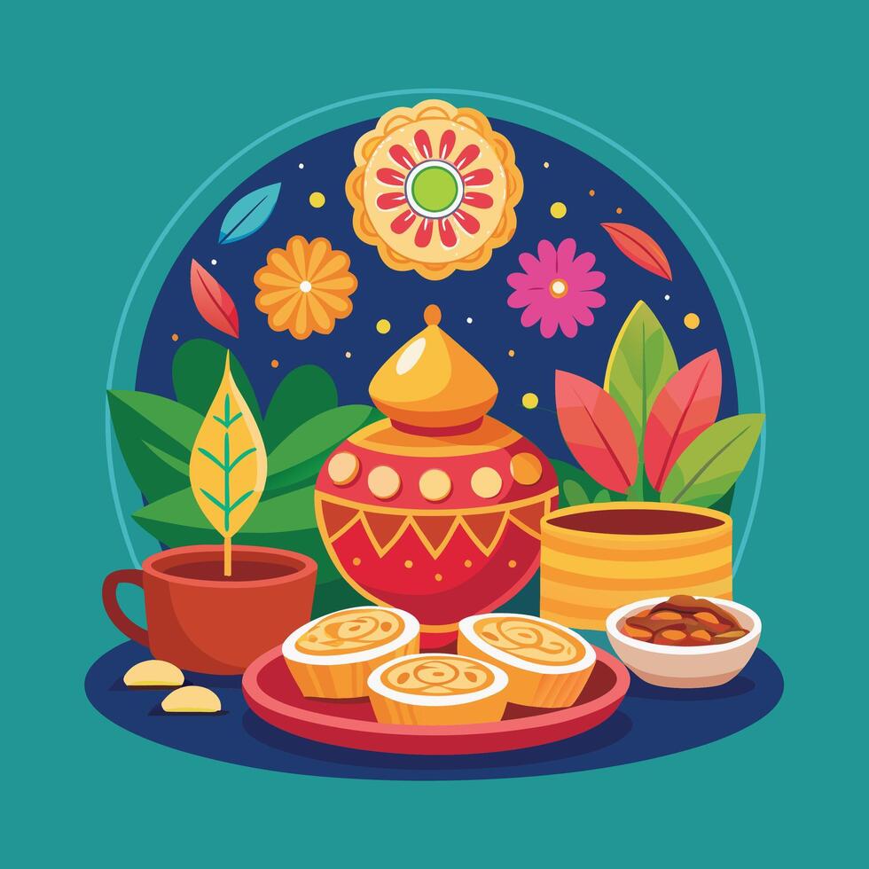 Traditional Bhai Dooj sweets and diya arrangement illustration vector
