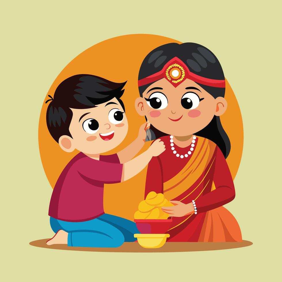 Sister applying tilak on brothers forehead during Bhai Dooj illustration vector