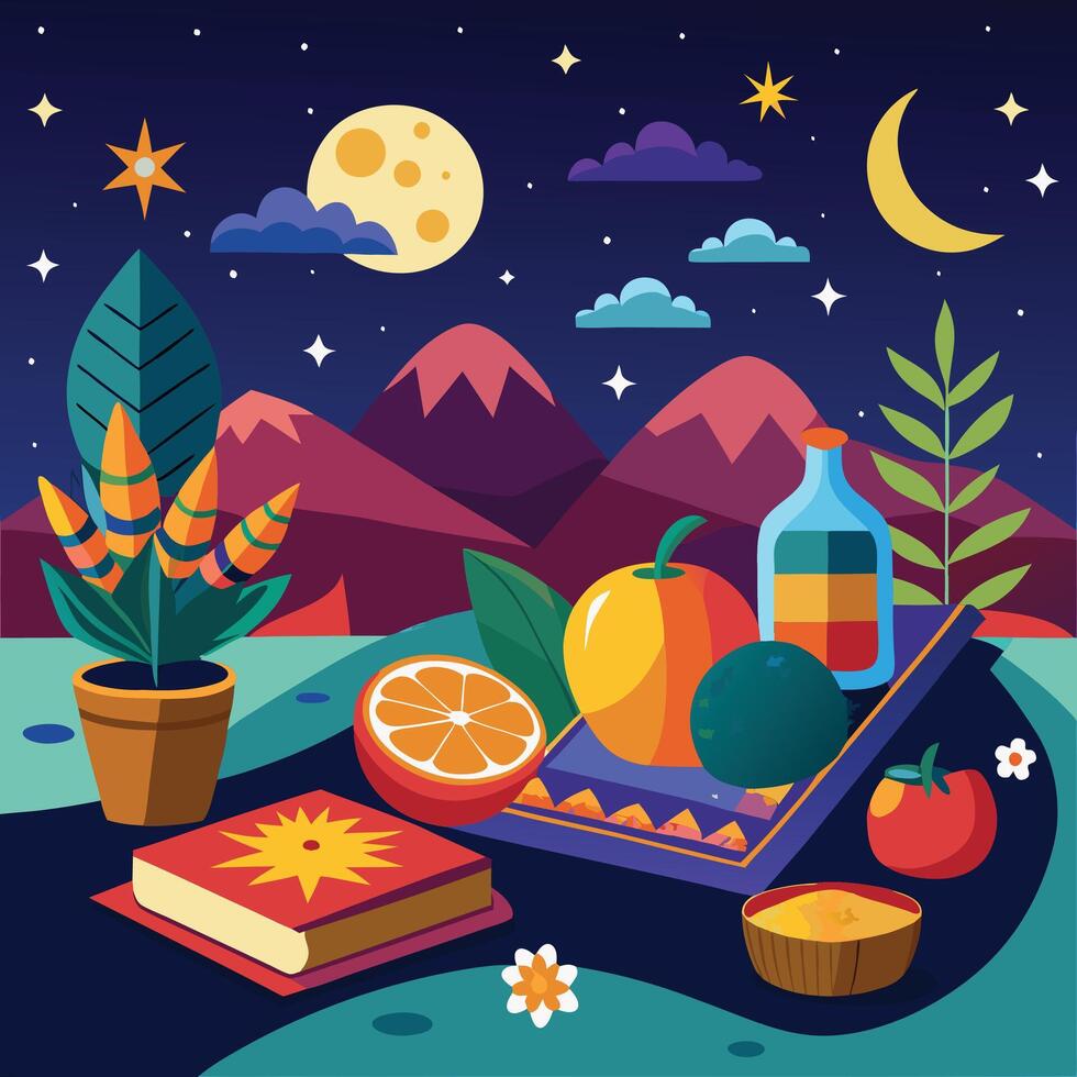 yalda night scene with colorful rug fruit and poetry books under starry sky illustration vector