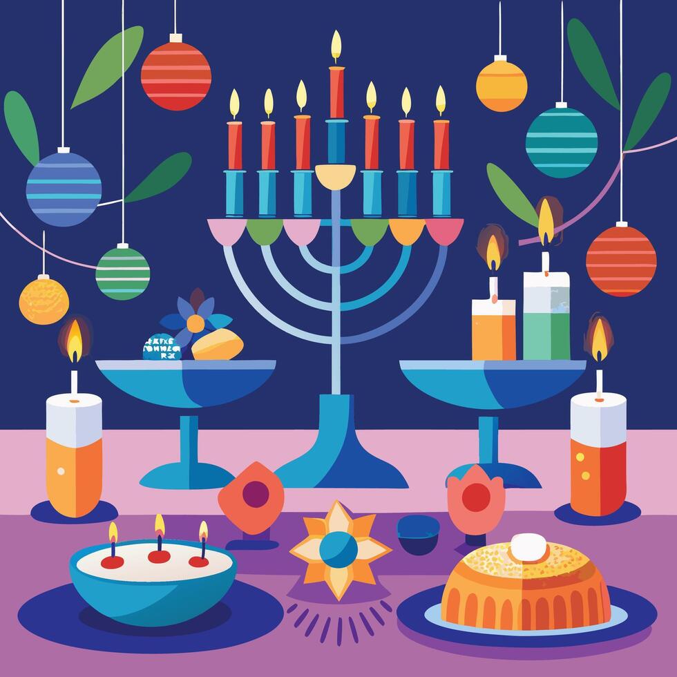 Menorah with lit candles and traditional dreidels on a festive table vector