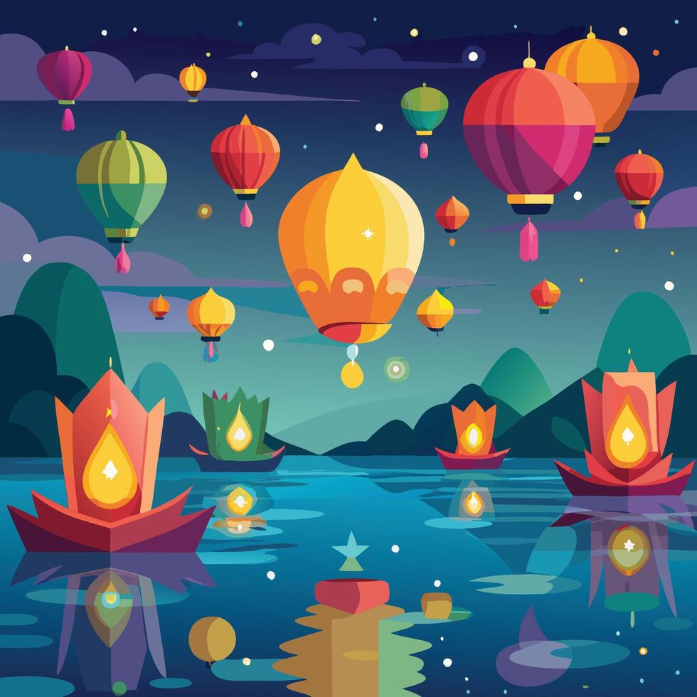 sky filled with colorful lanterns during loy krathong and water reflection vector