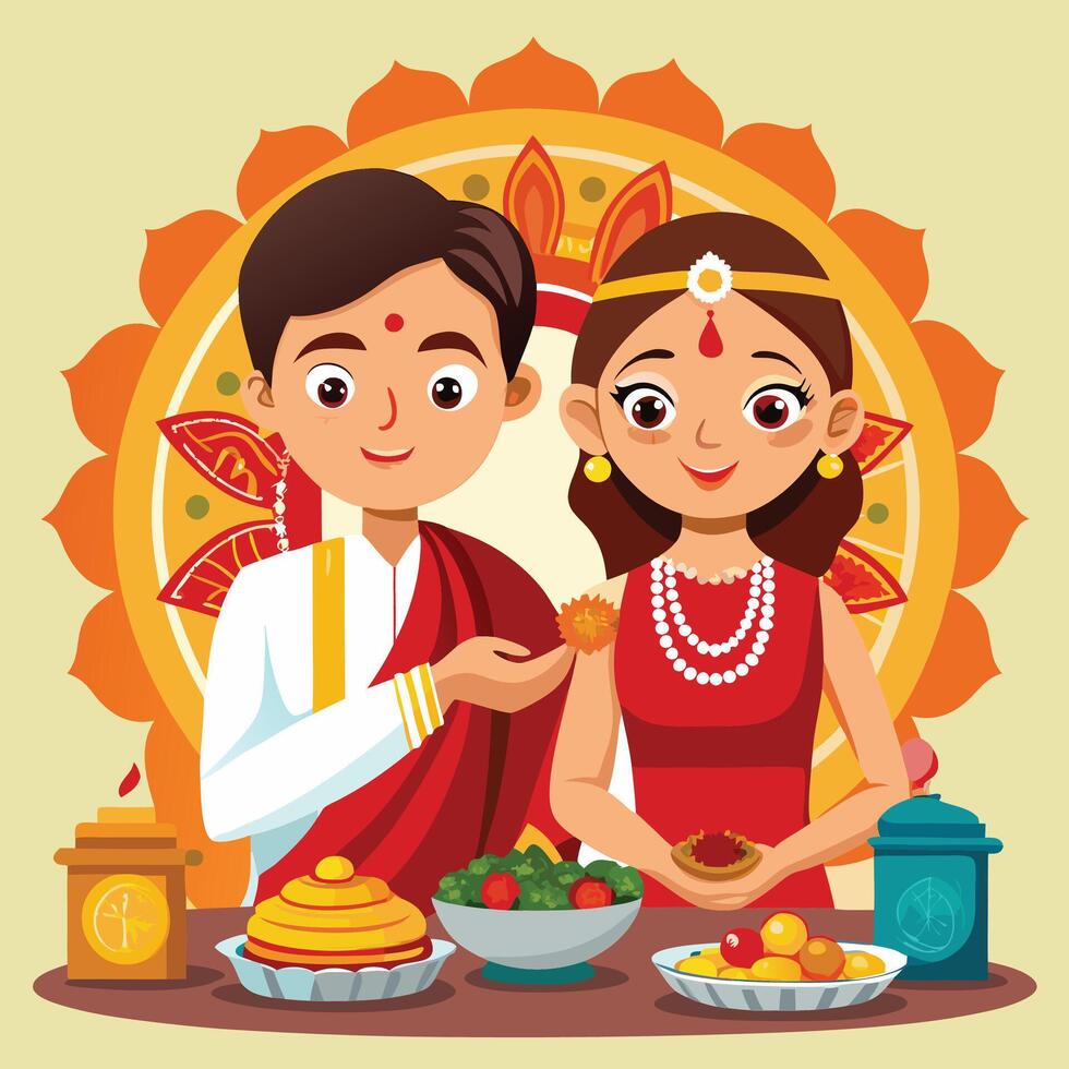 Bhai Dooj tilak ceremony with traditional Indian elements illustration vector