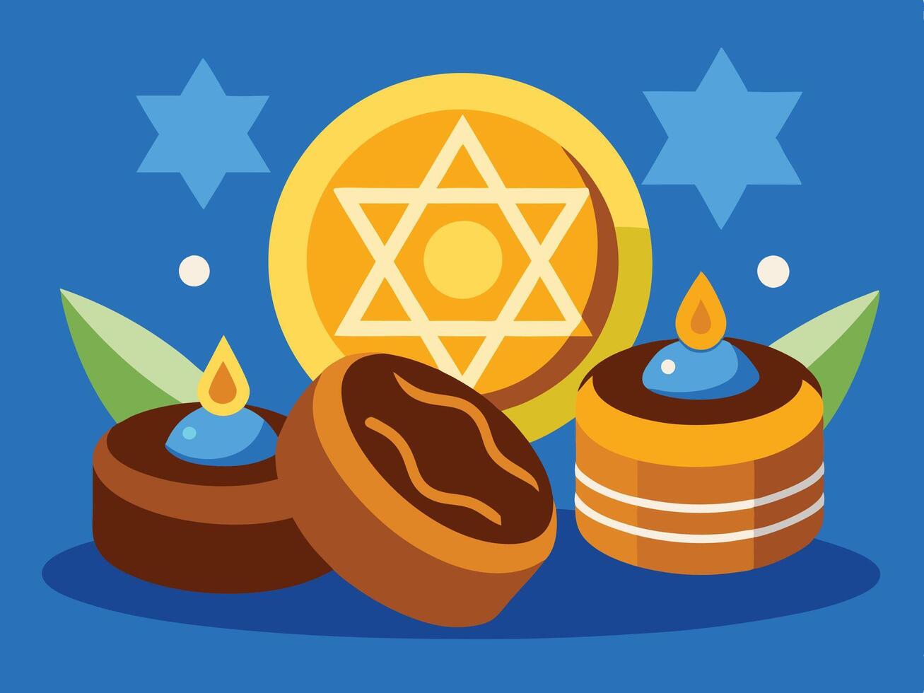 Hanukkah gelt and sufganiyot with a star of David background illustration vector