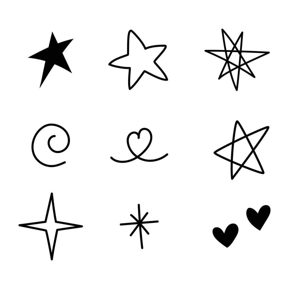 Doodle hand drawn. Element of star, sparkle, heart and music. Black and white vector