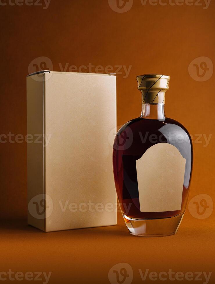 Bottle of alcohol with blank label and cardboard packaging standing on orange background photo