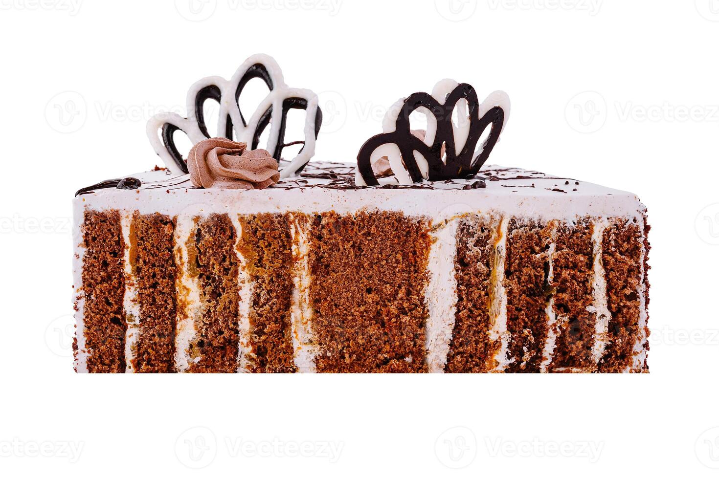 Delicious chocolate cake slice decorated with chocolate cream flowers photo