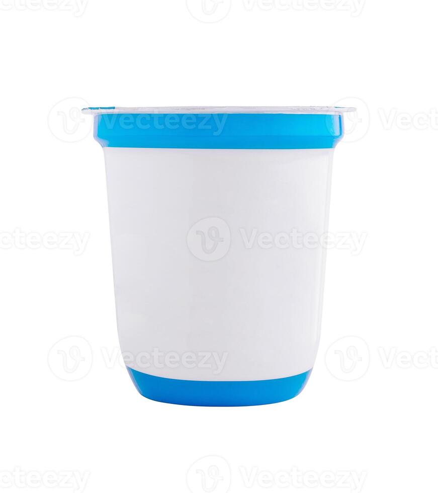 Blank white plastic container with blue lid isolated on white background photo