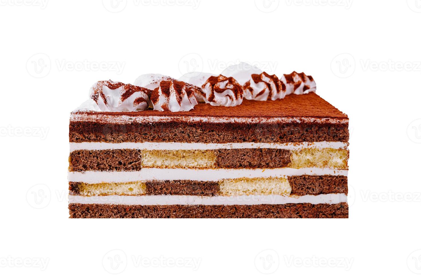 Mouthwatering tiramisu cake is standing on a white background showing its layers photo