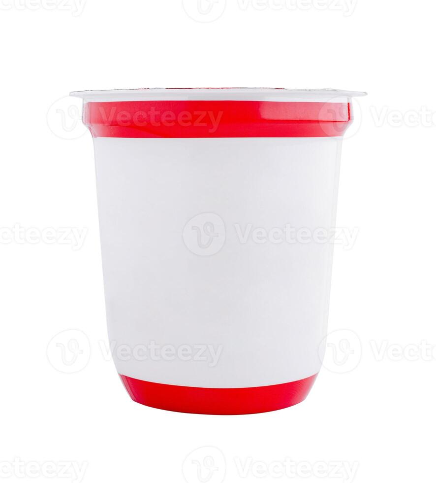 White blank plastic container with red lid isolated on white background photo