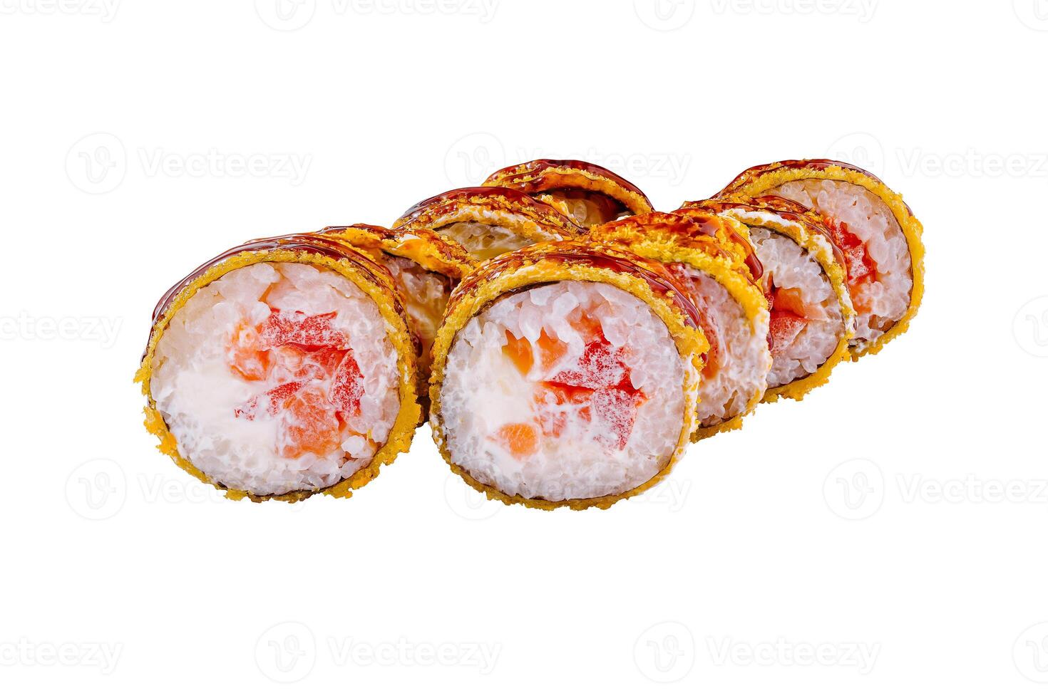 Tempura maki sushi rolls with salmon and cream cheese lying on white background photo