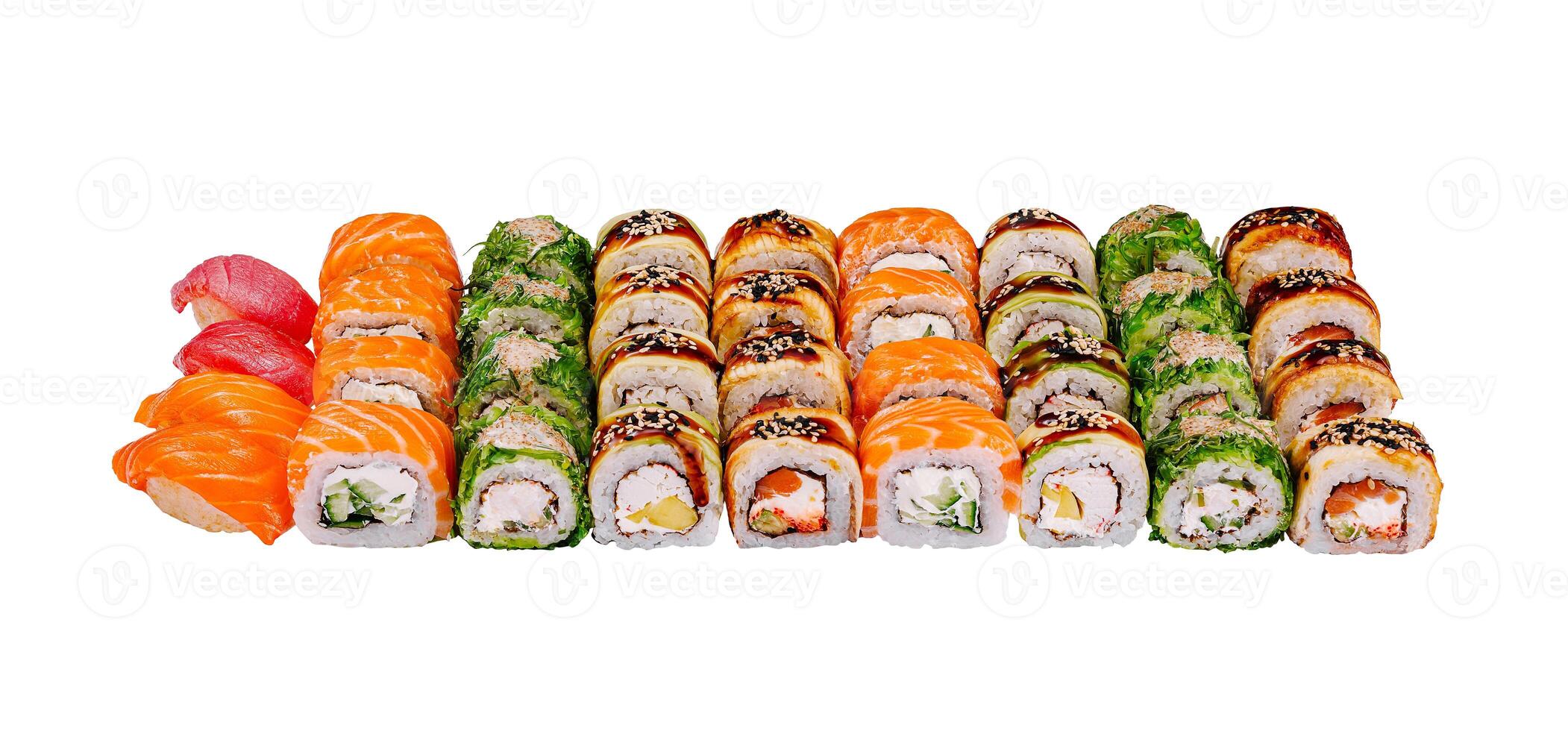 Different types of sushi forming a colorful composition on white background photo