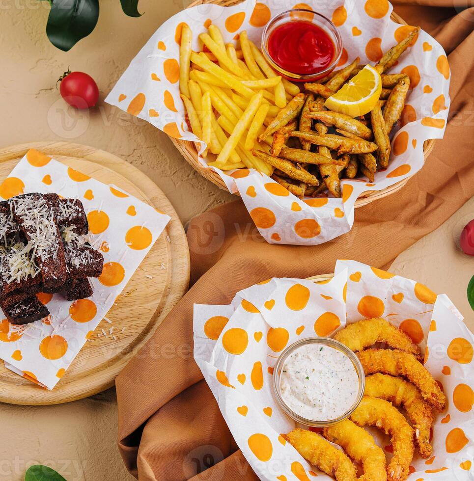 Gourmet fast food selection on elegant table setting photo