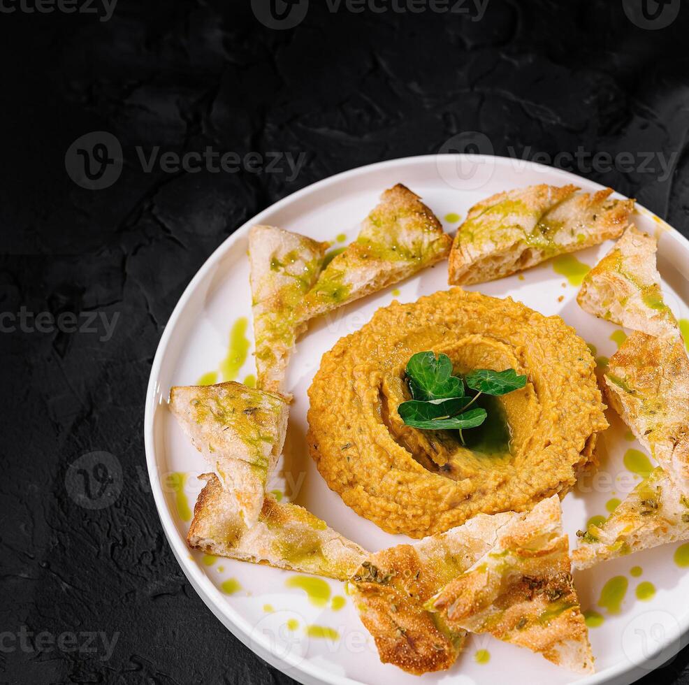 Gourmet hummus plate with pita chips photo