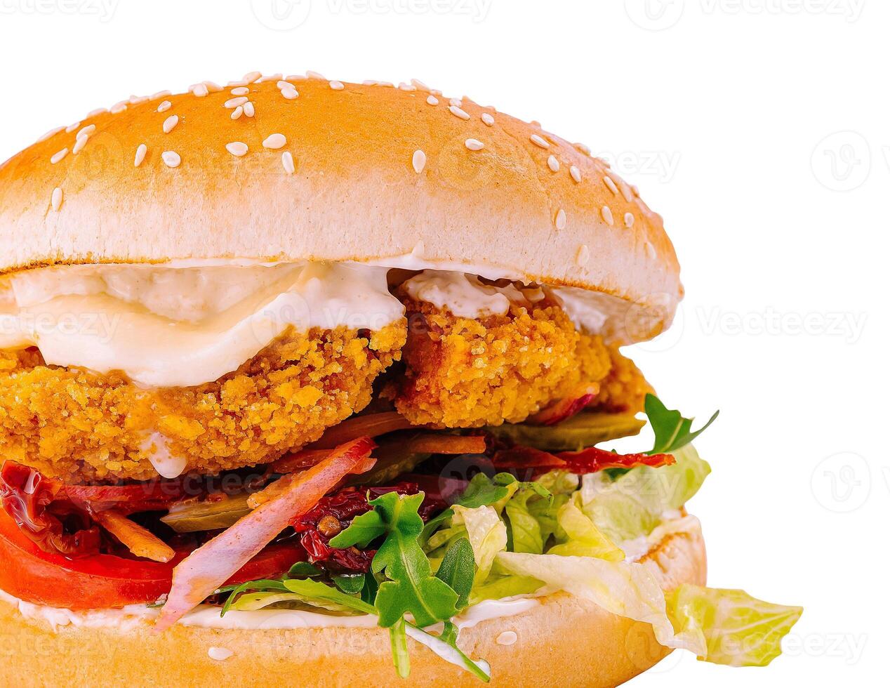 Crispy chicken burger isolated on white photo