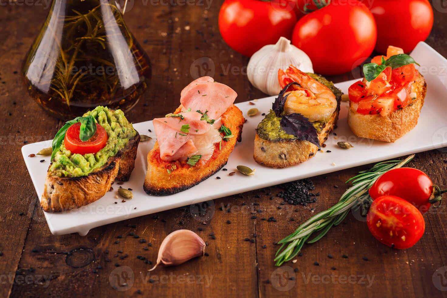 Delicious italian appetizer bruschetta presenting variety of toppings photo