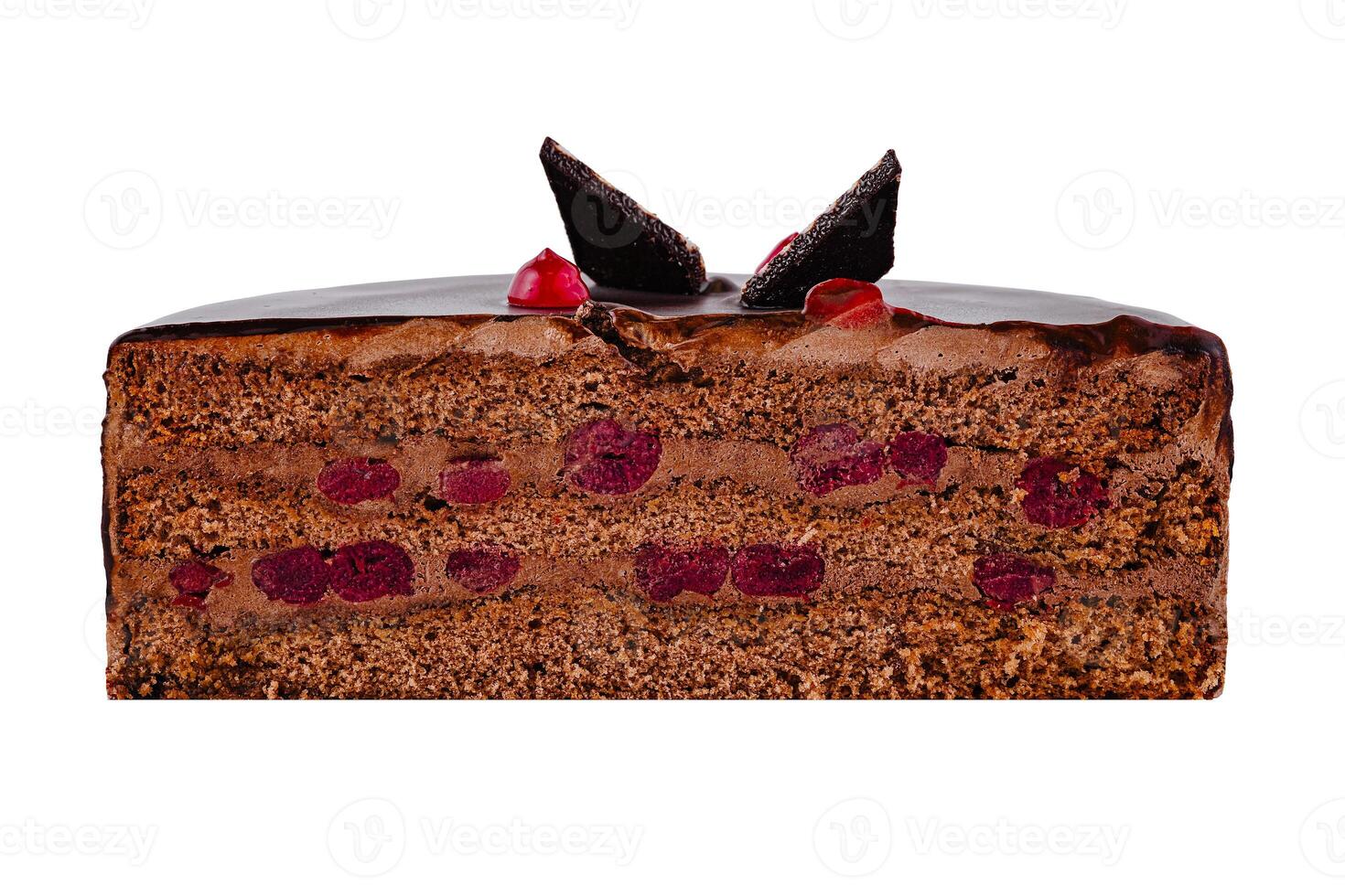 Delicious chocolate cake with cherries showing its layers photo