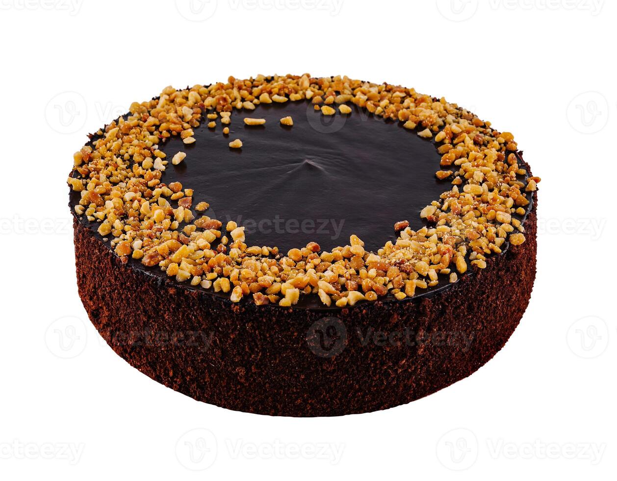 Delicious chocolate cake with chocolate icing and chopped almonds on white background photo
