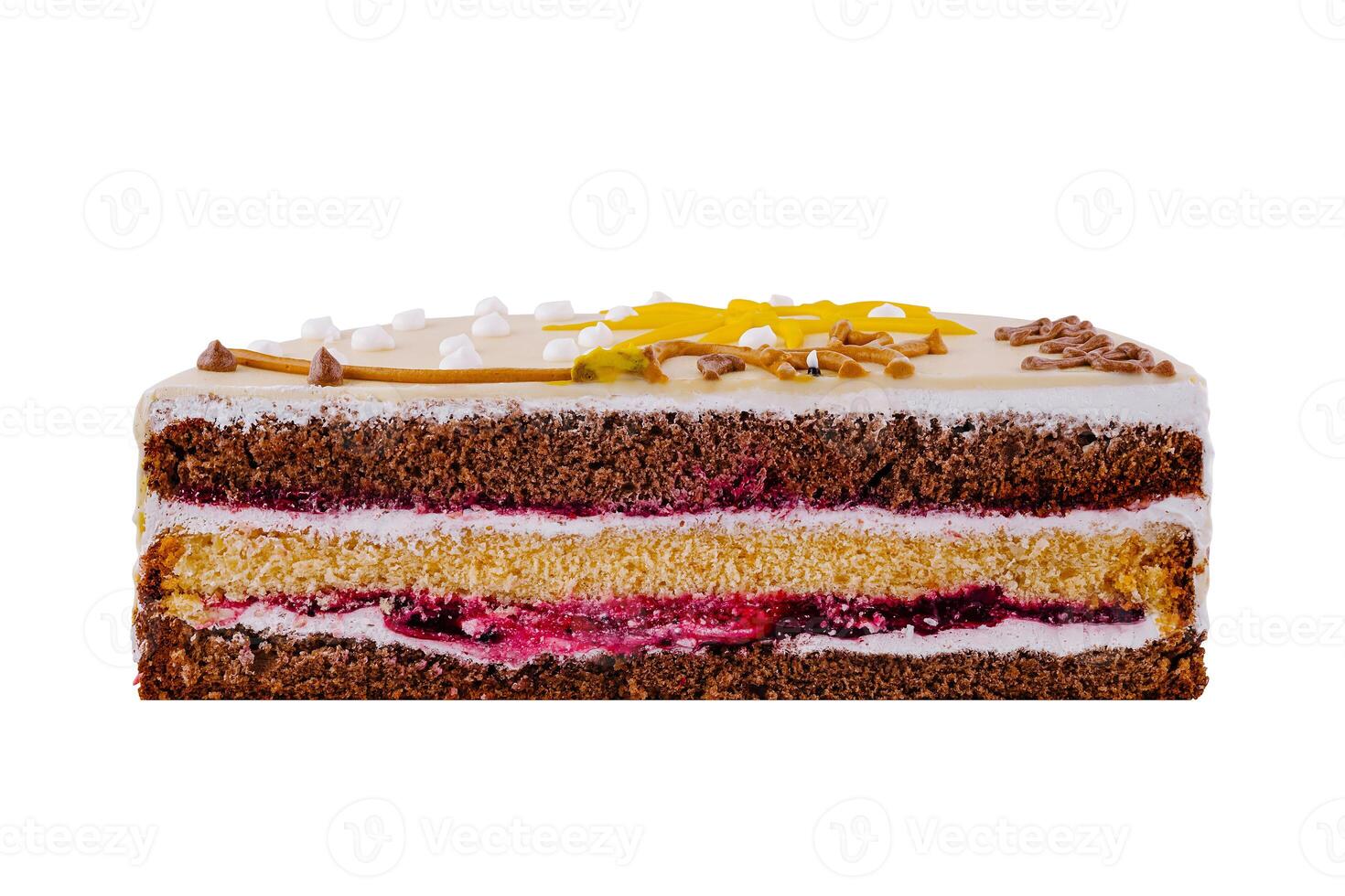 Delicious cake showing layers of chocolate sponge and cream filling photo