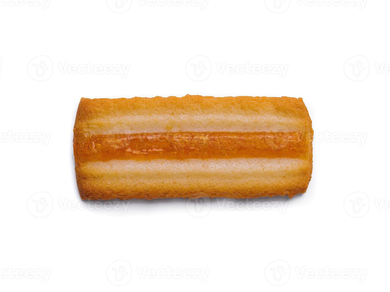 Rectangular cookie with apricot filling on white background photo