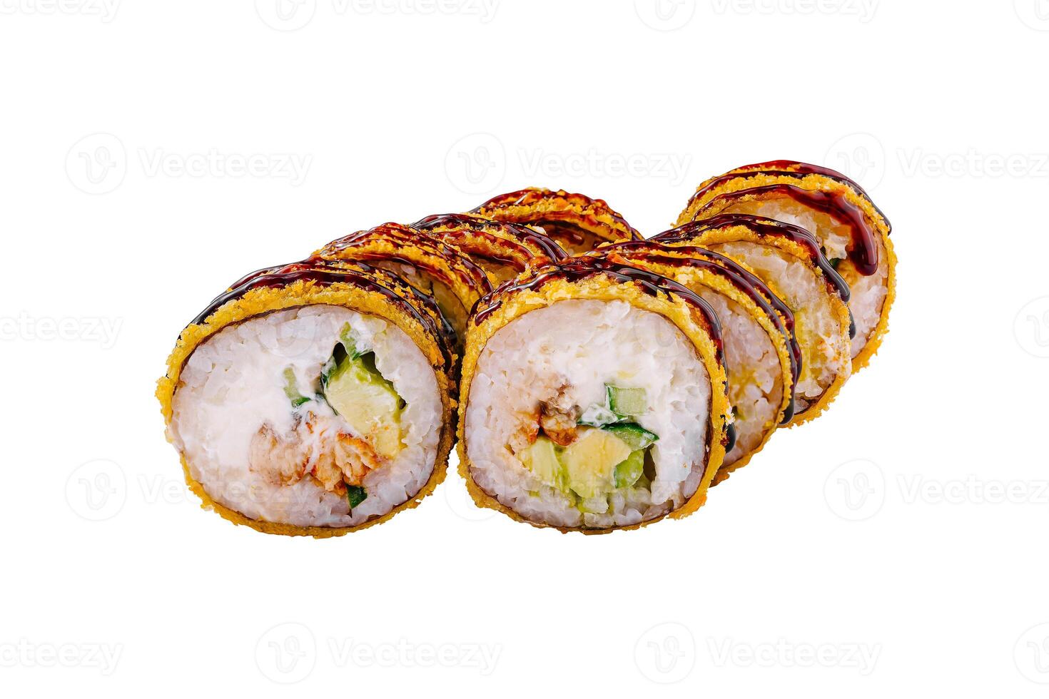 Tempura maki sushi rolls with smoked eel and cream cheese on white background photo