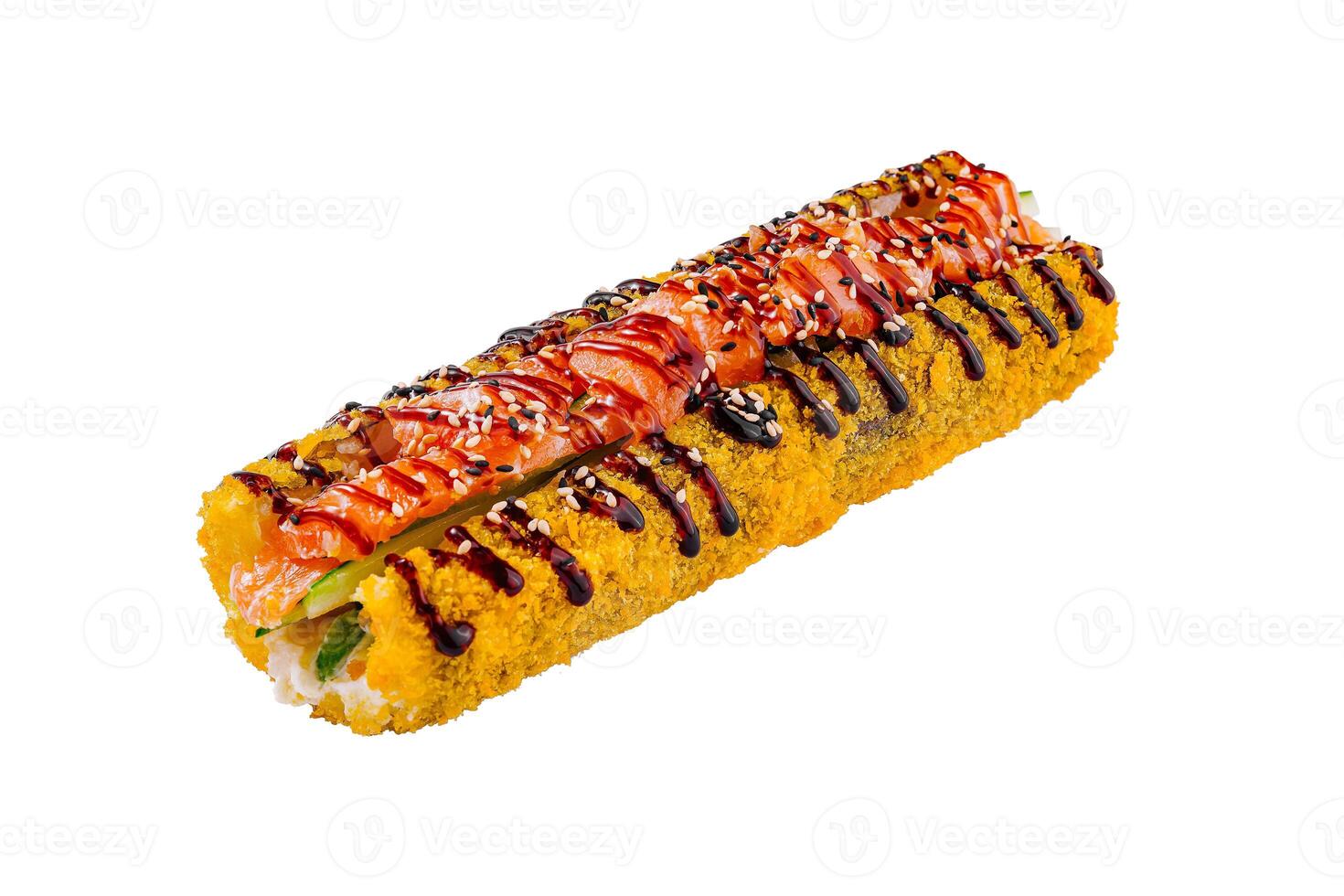Tempura sushi roll with salmon and cucumber lying on white background photo