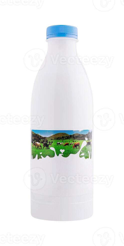 White plastic milk bottle mockup standing on white background photo