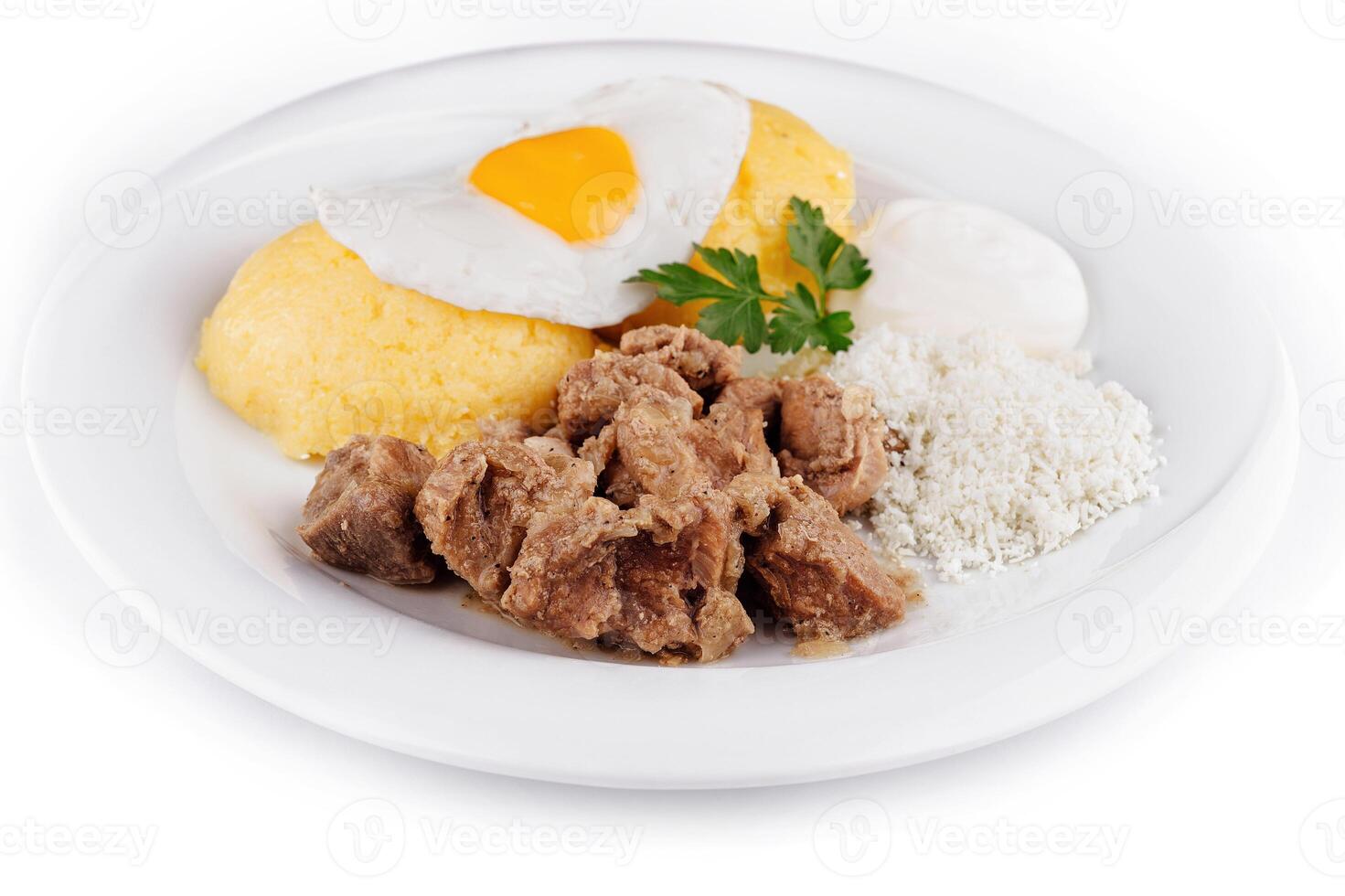 Traditional romanian dish with polenta, meat and cheese on a white plate photo