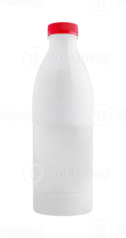White plastic bottle with red cap standing on white background photo