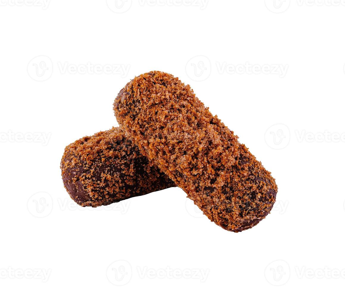 Two chocolate cake bars covered in chocolate sprinkles isolated on white background photo