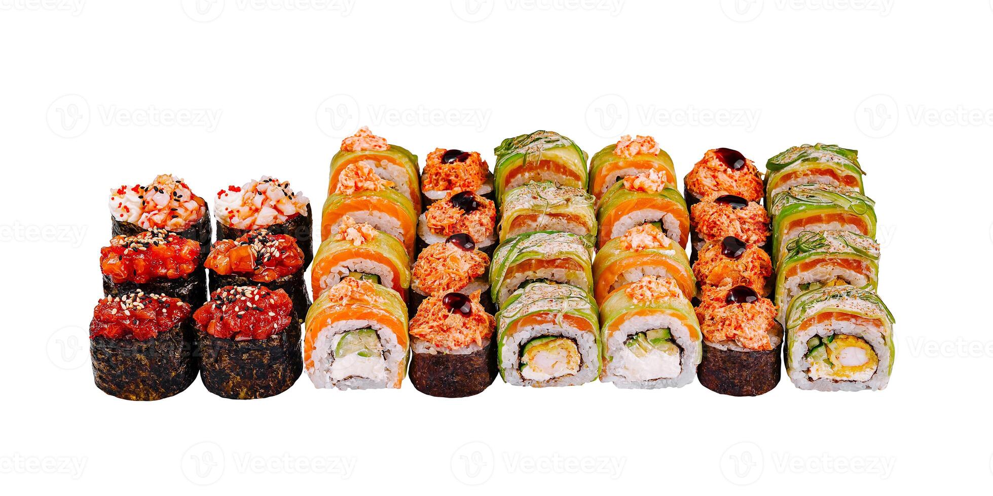 Sushi set presenting variety of japanese dishes with rice and seafood photo