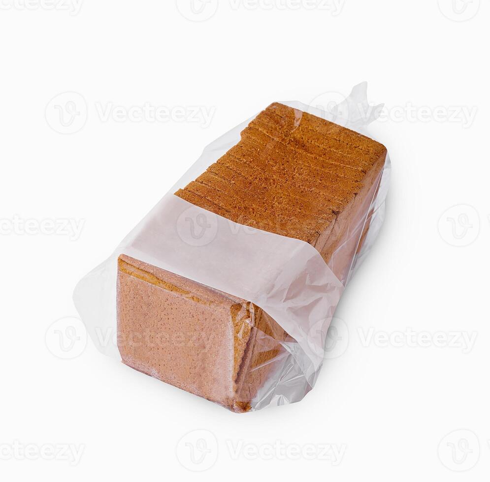 Toast bread loaf wrapped in plastic bag on white background photo