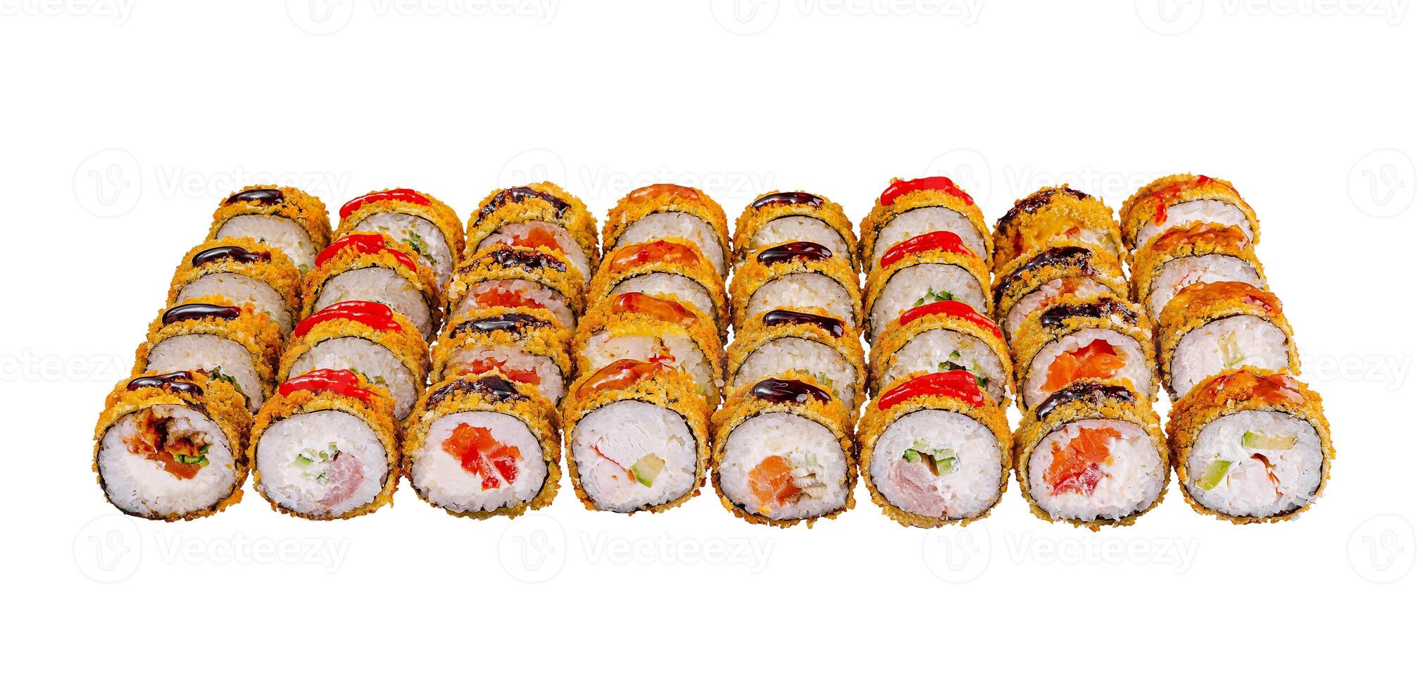 Tempura maki sushi rolls forming a line on white background photo