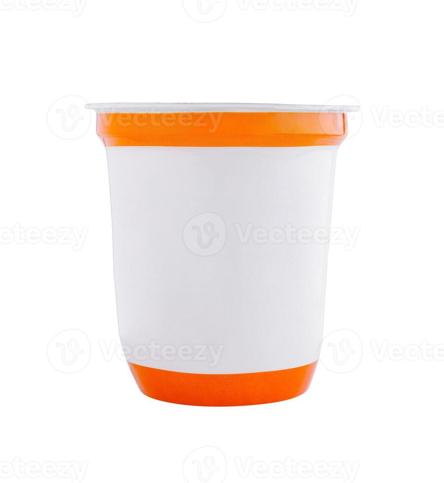 Blank white plastic container with orange lid isolated on white background photo