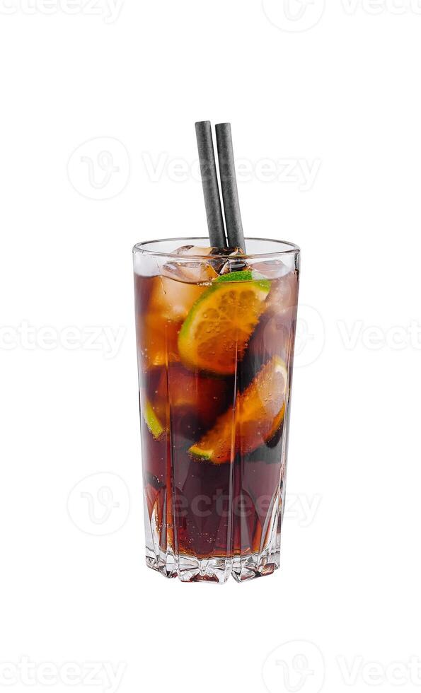 Cuba libre cocktail with lime and straws on white background photo