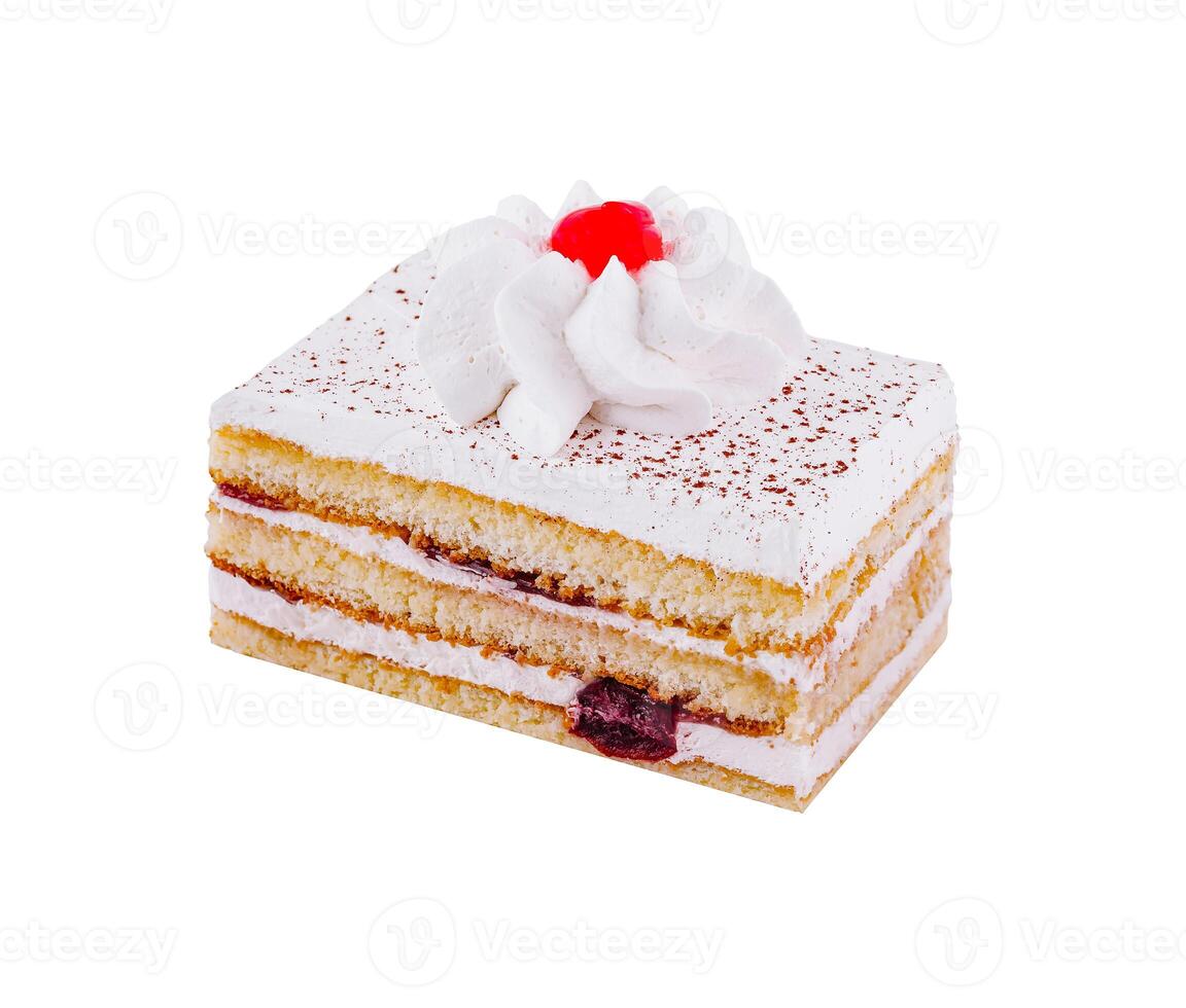 Delicious slice of layered cake with whipped cream and cherry topping on white background photo