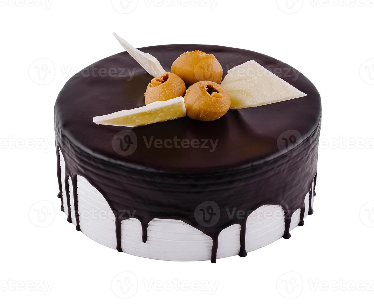 Delicious chocolate cake with dripping icing and white chocolate garnish photo