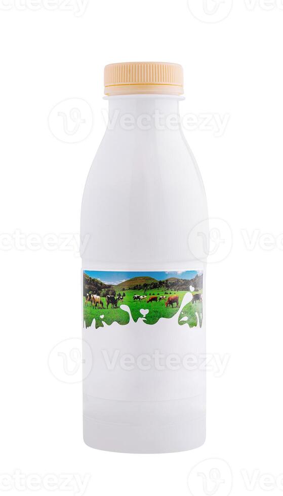 White plastic bottle with a picture of cows grazing standing on white photo