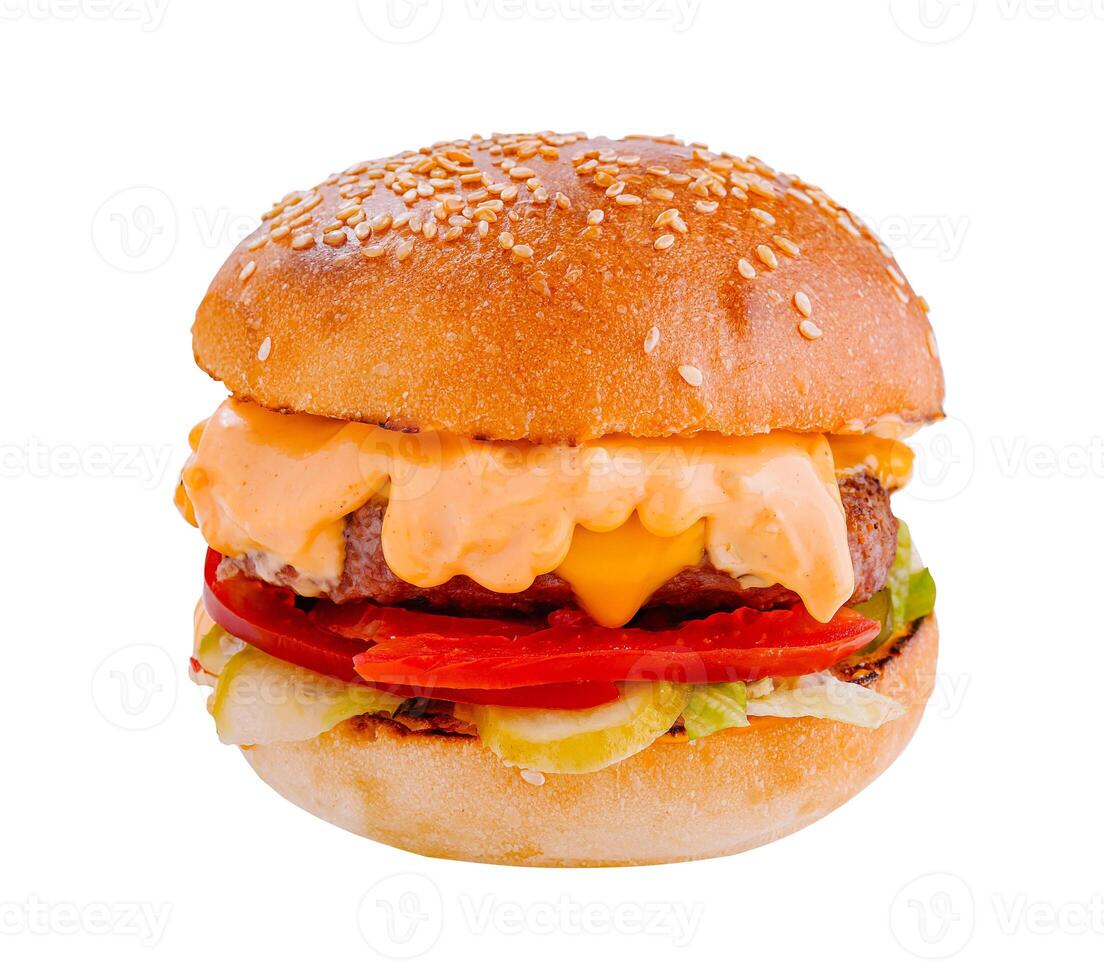 Delicious burger with melted cheese dripping over toppings on white background photo