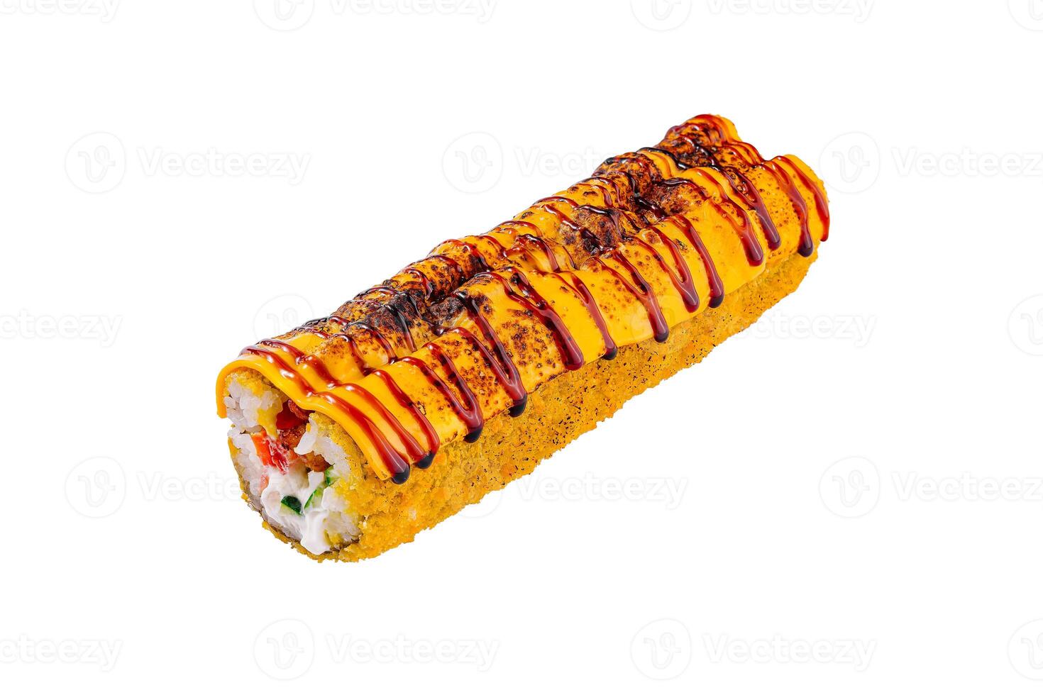Sushi roll is lying on a white surface, covered in sauce and sesame seeds photo