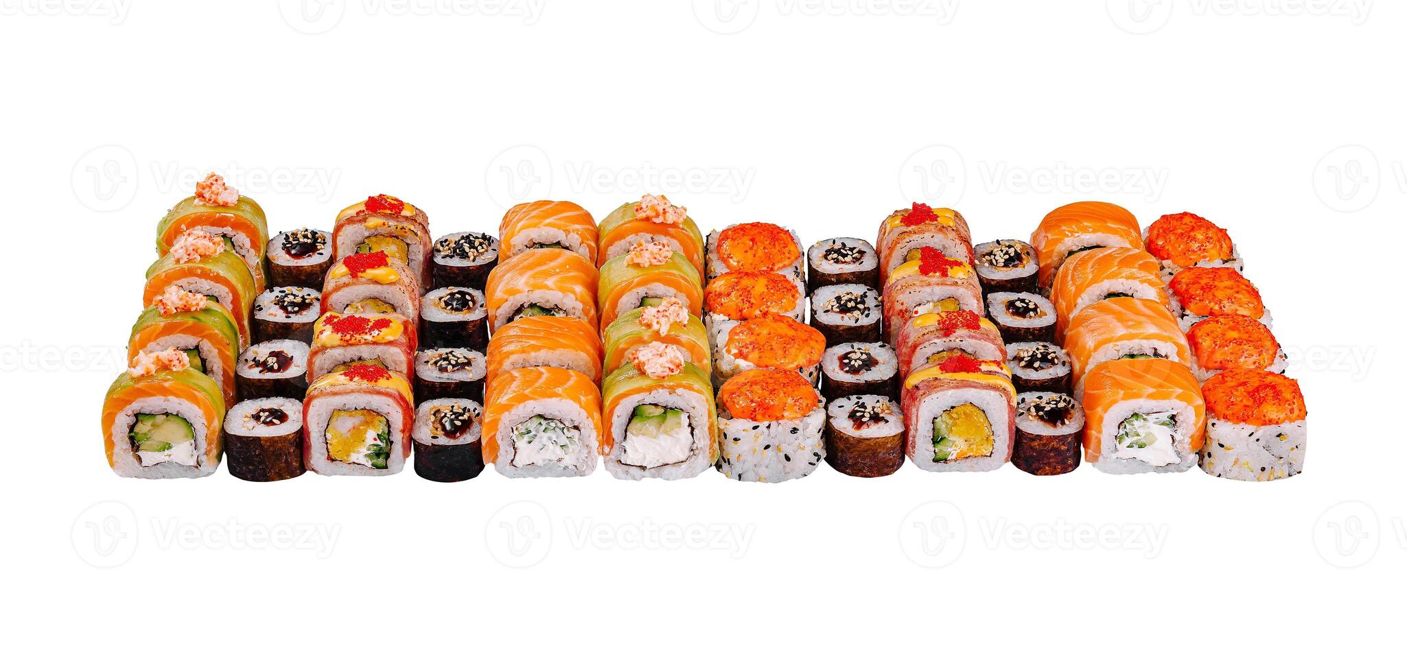 Different kinds of sushi rolls forming a line on white background photo