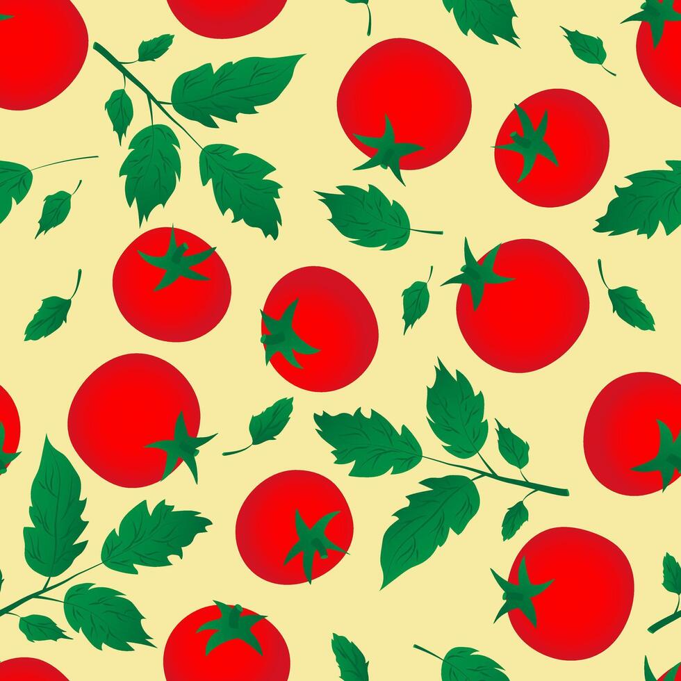 Seamless pattern with hand drawn red tomatoes on yellow background. Fresh organic vegetable, healthy food, nutricion concept. vector