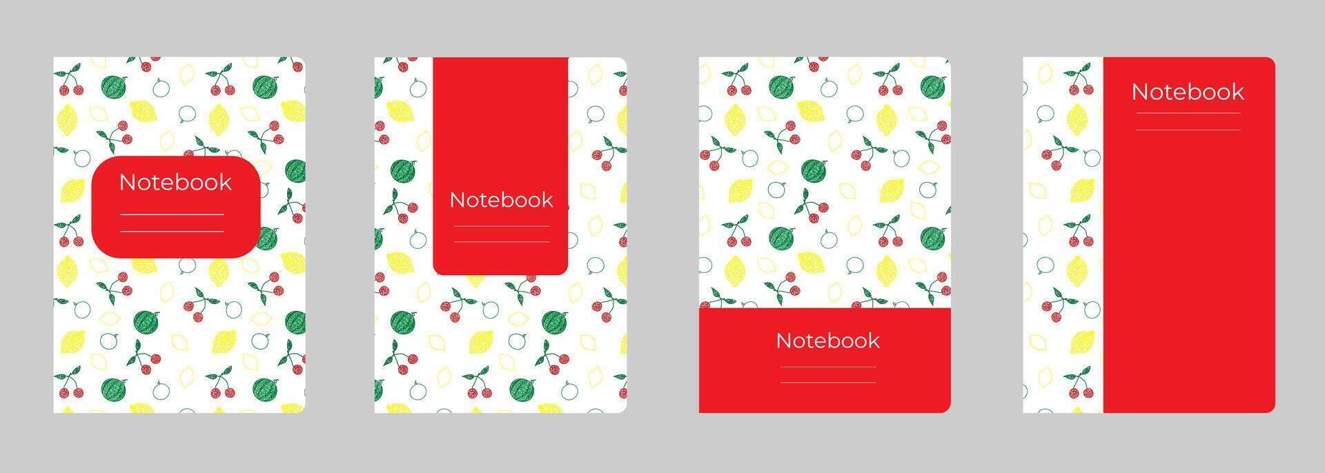 Set of cover designs for notebook, notepad, book, catalog with lemon, watermelon, cherry. Vertical format A4,A5. vector
