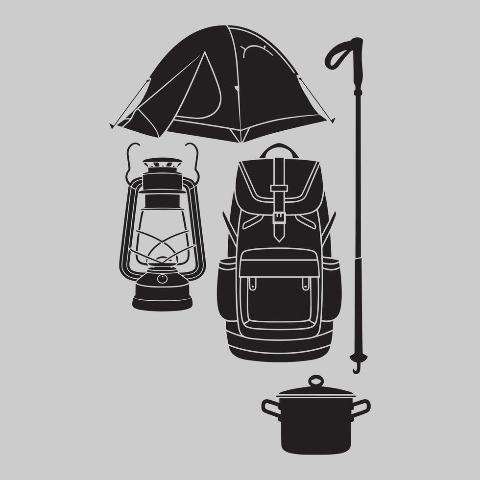 Complete Camping Kit for Explorers silhouette vector