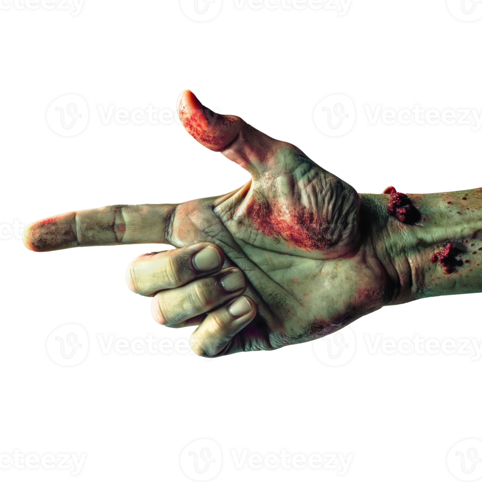 Zombie hand making a gesture pointing finger . Halloween hand isolated on transparent background. png