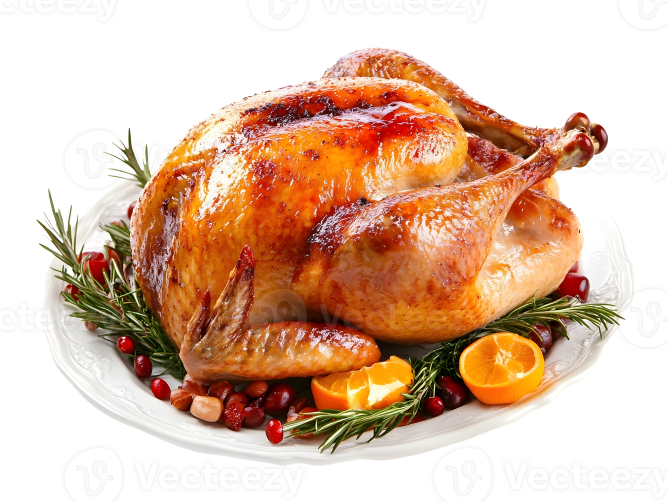 A perfectly roasted whole turkey, golden and crispy, garnished with fresh rosemary, citrus fruits, and cranberries, presented on a white platter, ready for a festive meal, png