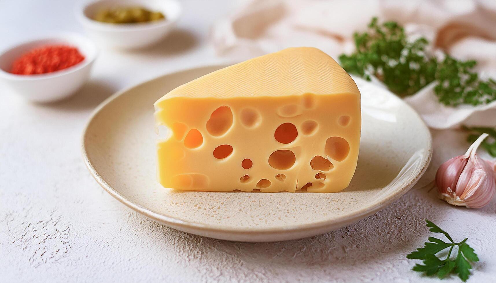 Fresh cheese piece in white plate. Farm natural product. Organic food. Close-up. photo