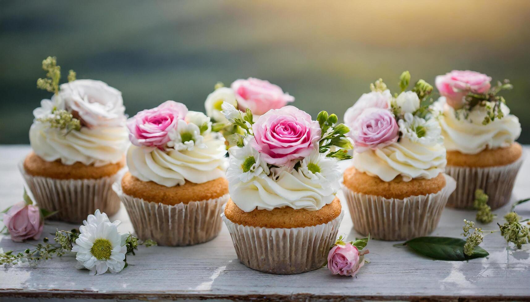Tasty wedding cupcakes decorated with flowers. Delicious festive dessert. Sweet pastry. Blurred backdrop. photo