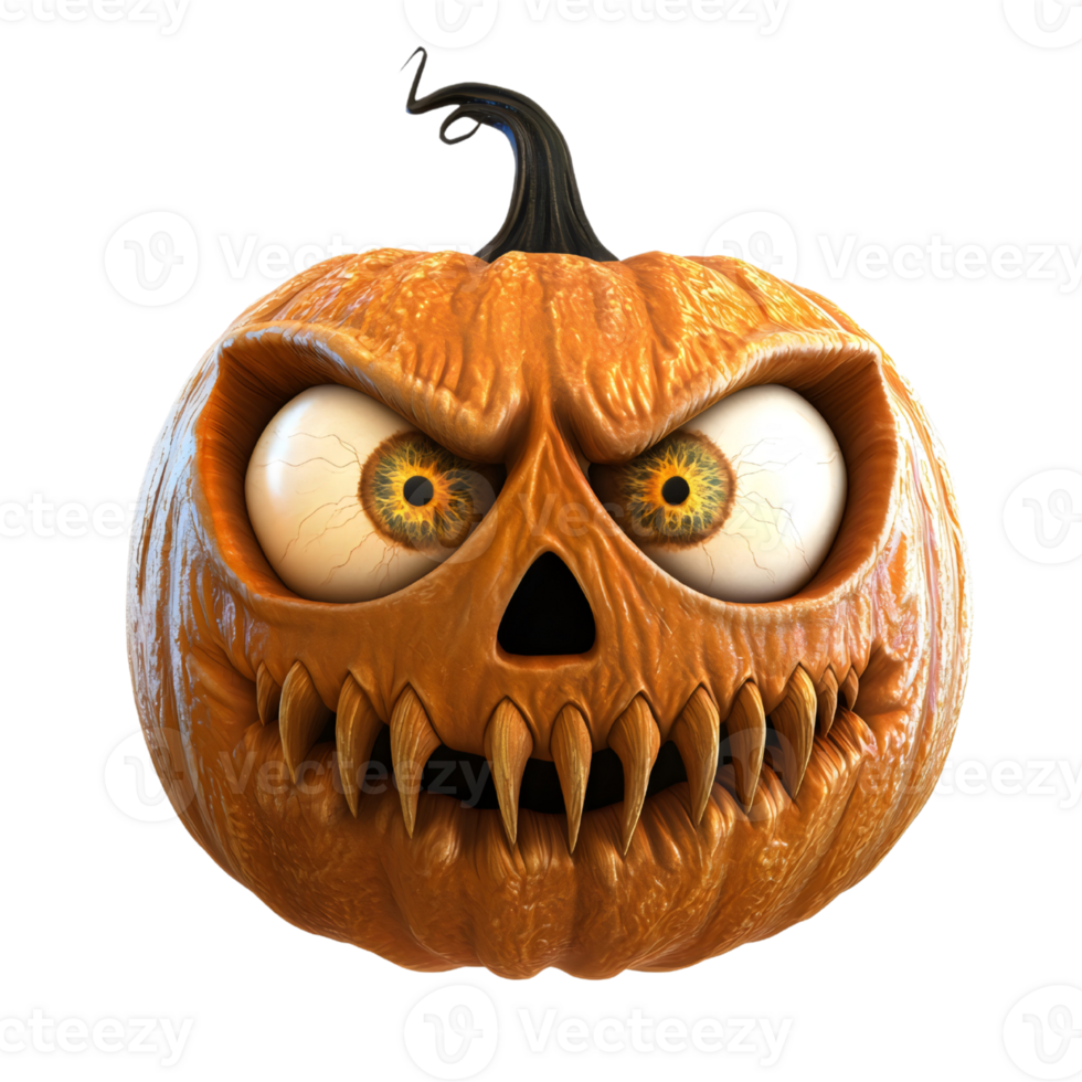 A creepy, exaggerated jack-o'-lantern with large, bulging eyes, sharp teeth, and twisted stems, creating a grotesque and eerie Halloween vibe, png