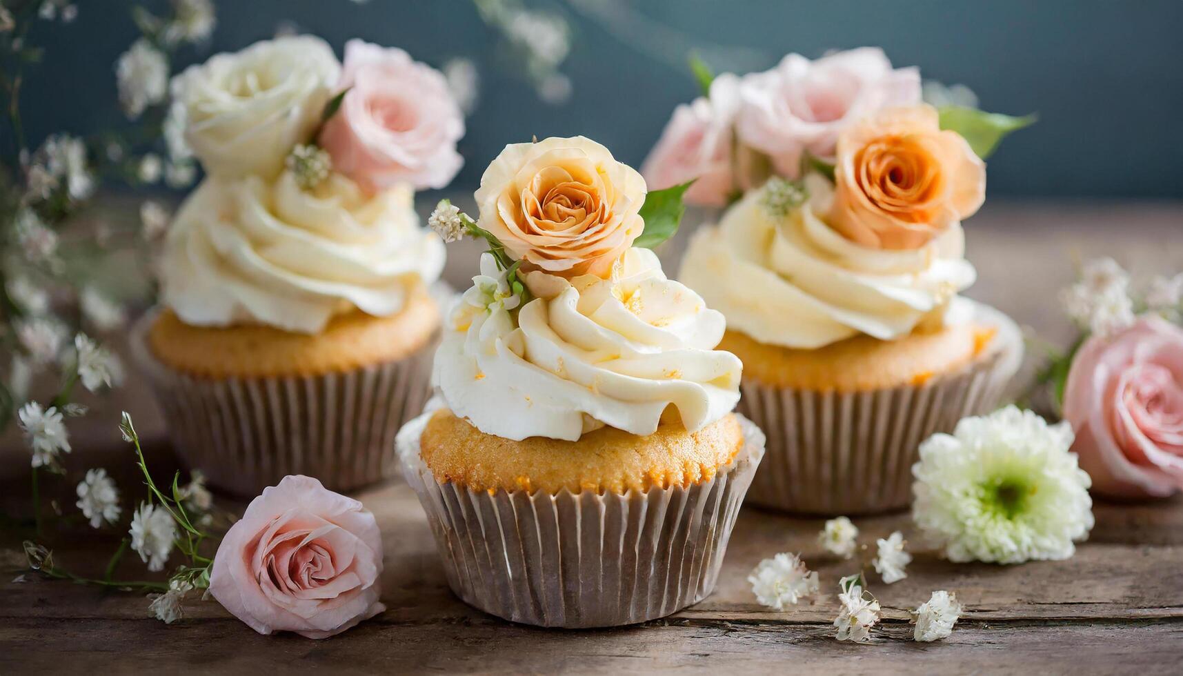 Tasty wedding cupcakes decorated with flowers. Delicious festive dessert. Sweet pastry. Blurred backdrop. photo
