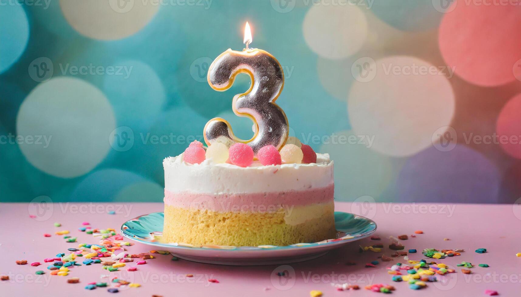 Small birthday cake with burning candle, number three. 3 years old. Third anniversary. Tasty festive dessert. photo